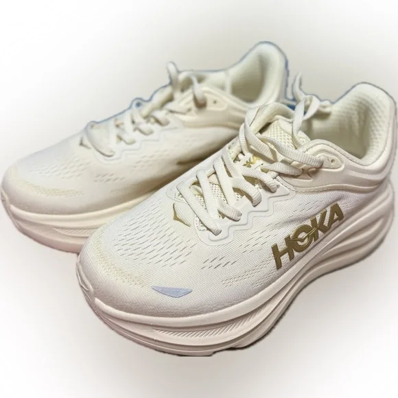 Hoka Women's Cream and Gold Bondi 9 Athletic Shoes - Picture 5 of 9